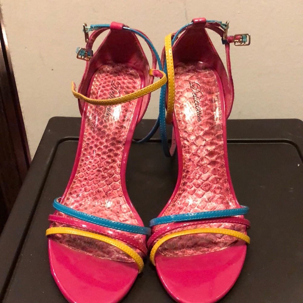 Magenta, teal, yellow strappy heels